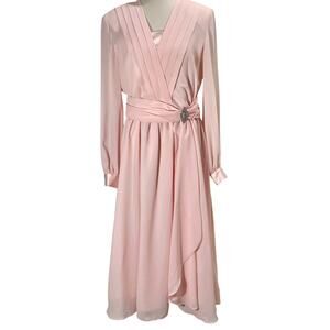 VTG 80s Nicole Paris Pink Chiffon Belted Party Dress Size 12 Hollywood Regency